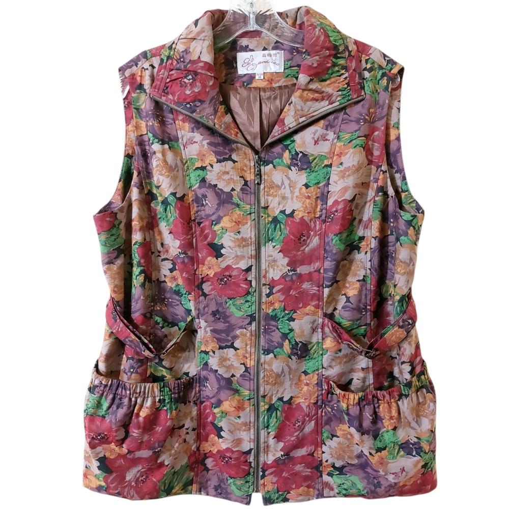 Vintage 80s Colorful Floral Zipper Front Sleeveless Vest with Pockets